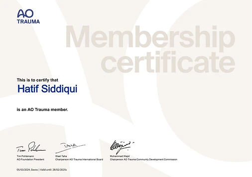 AO Trauma Membership certificate for Dr Hatif Siddiqui