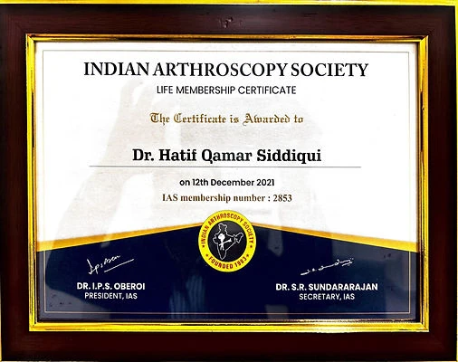 Indian Arthroscopy Society Life Membership certificate for Dr Hatif Siddiqui
