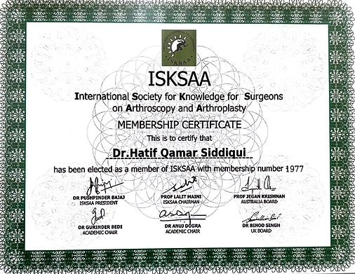 ISKSAA Arthroscopy & Arthroplasty Membership certificate for Dr Hatif Siddiqui